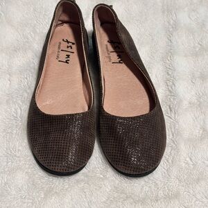 French Sole Zeppa Leather Suede Brown Snake Skin Round Toe Flat Shoe Size 8